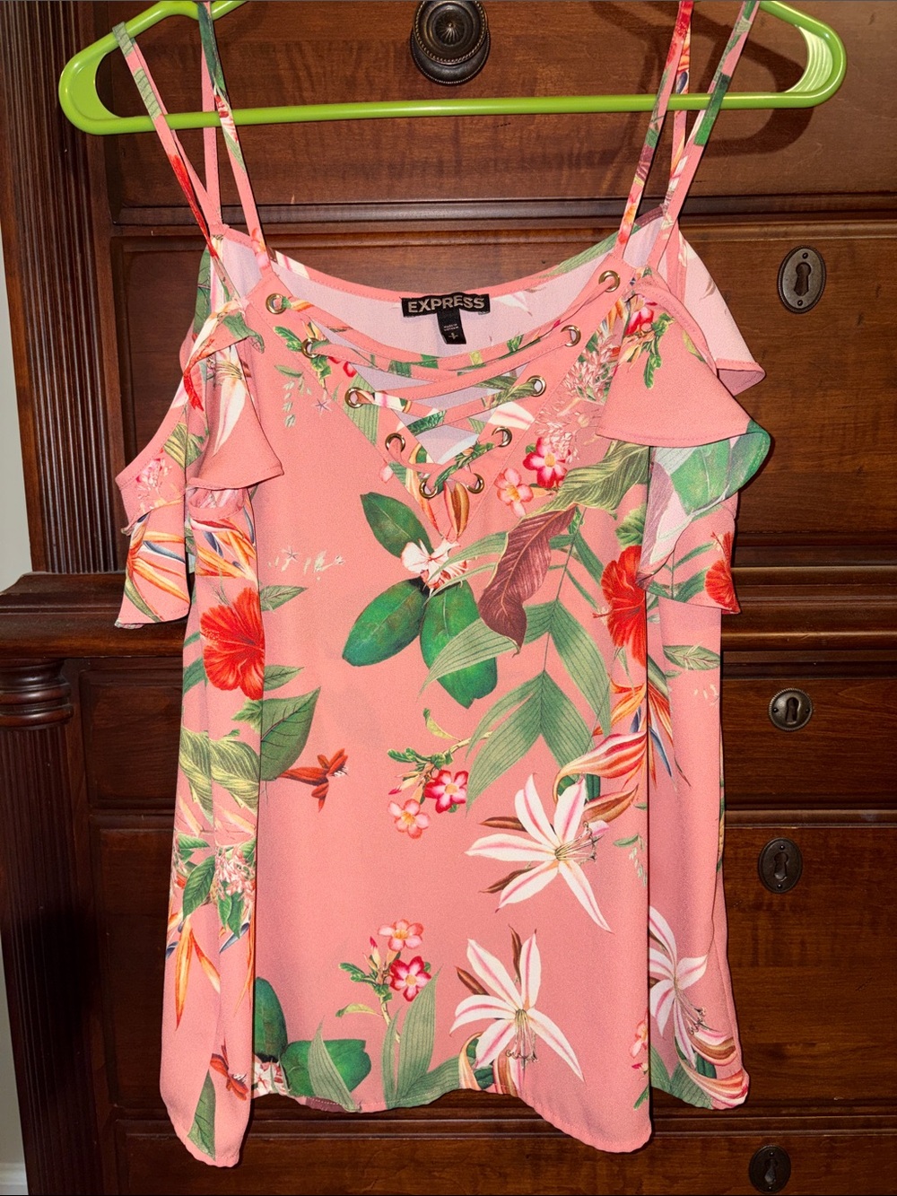 Express Coral Floral Lace-Up Cold-Shoulder Tank